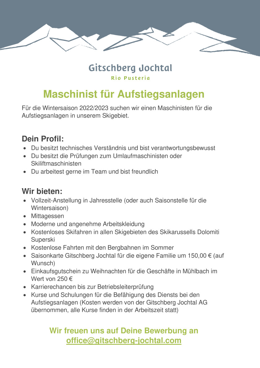 Maschinist/in für Aufstiegsanlagen im Skigebiet