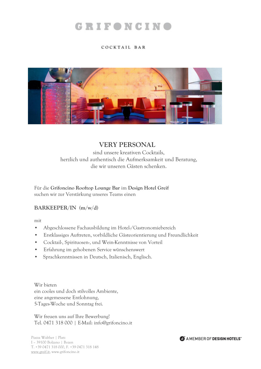 Bar Supervisor/in (m/w/d) Grifoncino Rooftop Lounge Bar