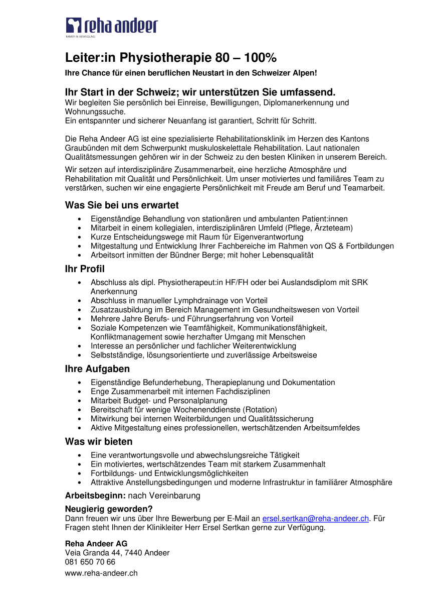 Leiter:in Physiotherapie 80 – 100% 