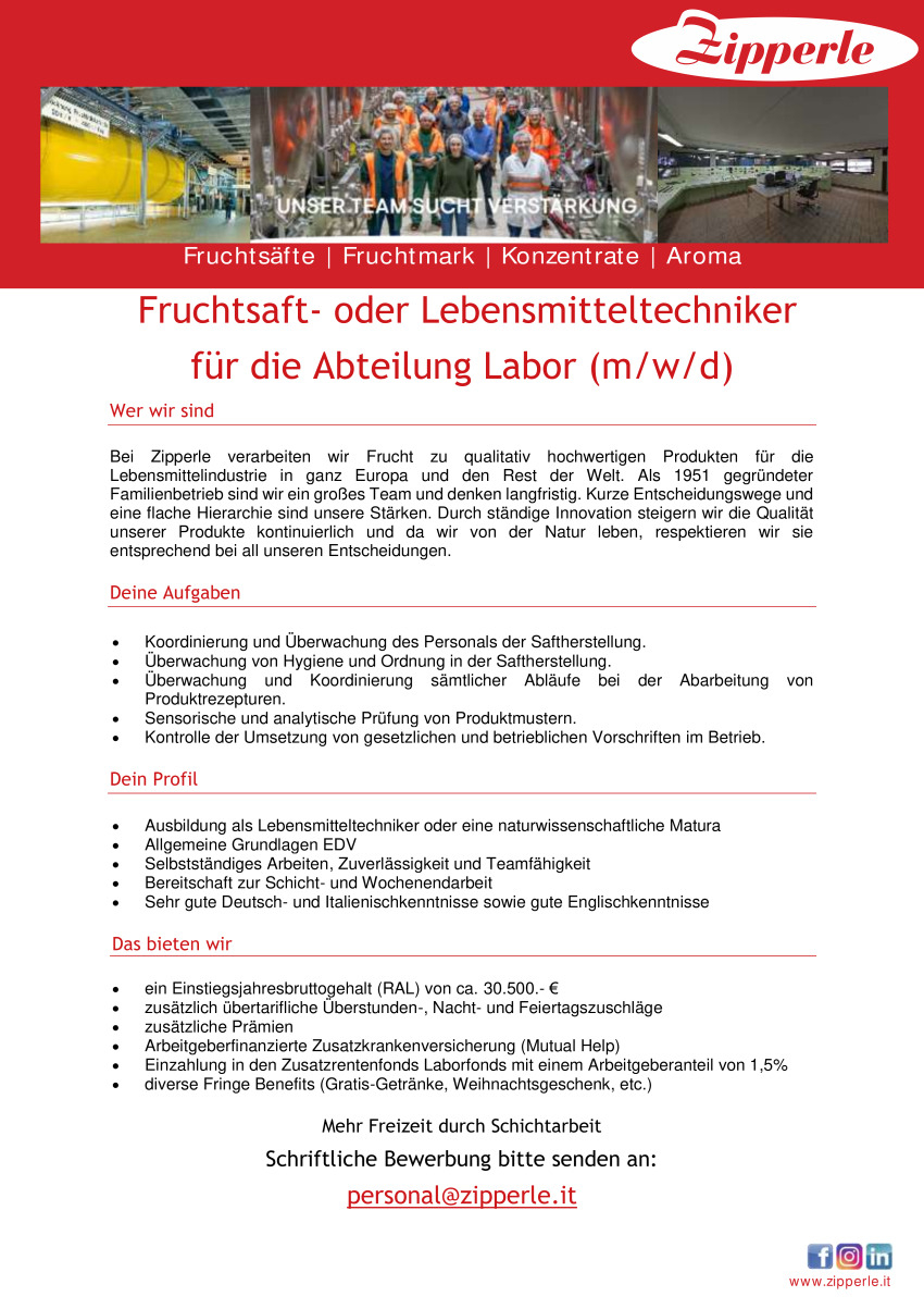 Fruchtsaft- oder Lebensmitteltechniker  für die Abteilung Labor