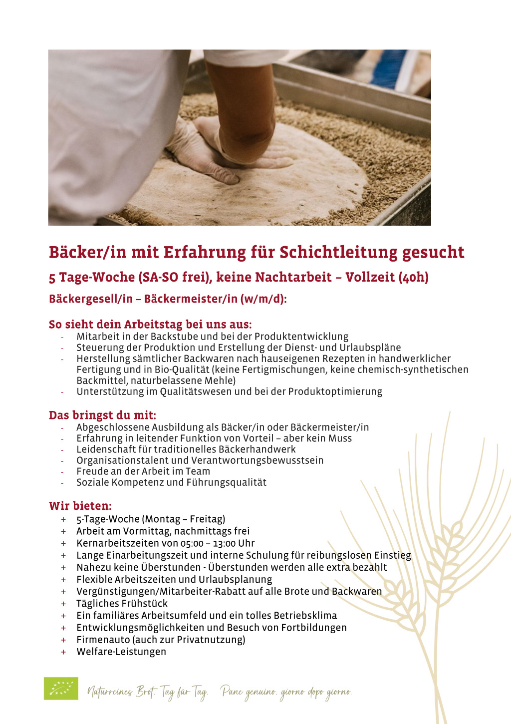 Bäcker/in mit Erfahrung für Schichtleitung gesucht