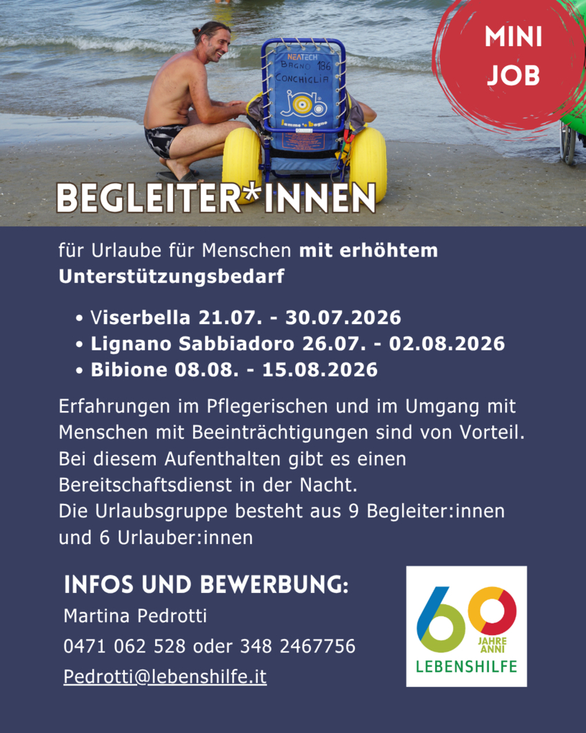 Begleiter:innen für Urlaube für Menschen mit erhöhtem Unterstützungsbedarf