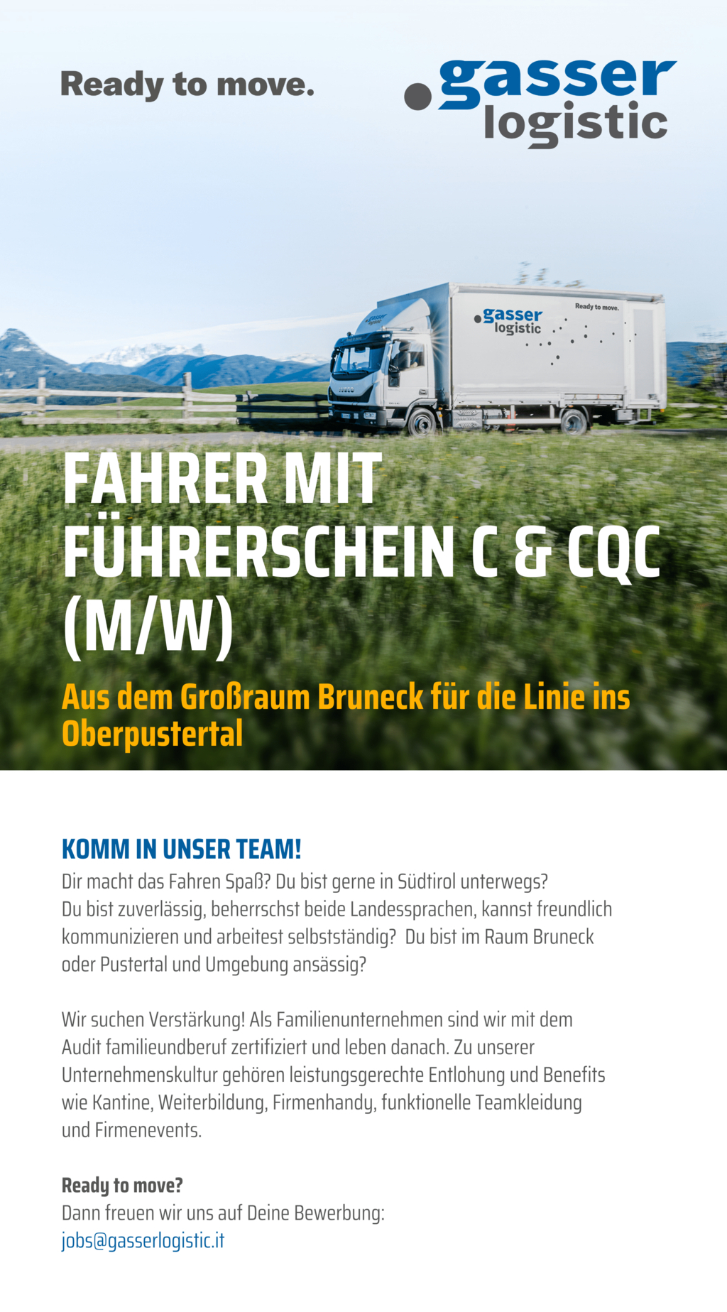 Fahrer mit Führerschein C + CQC aus dem Raum Bruneck - Pustertal und Umgebung (m/w/d)