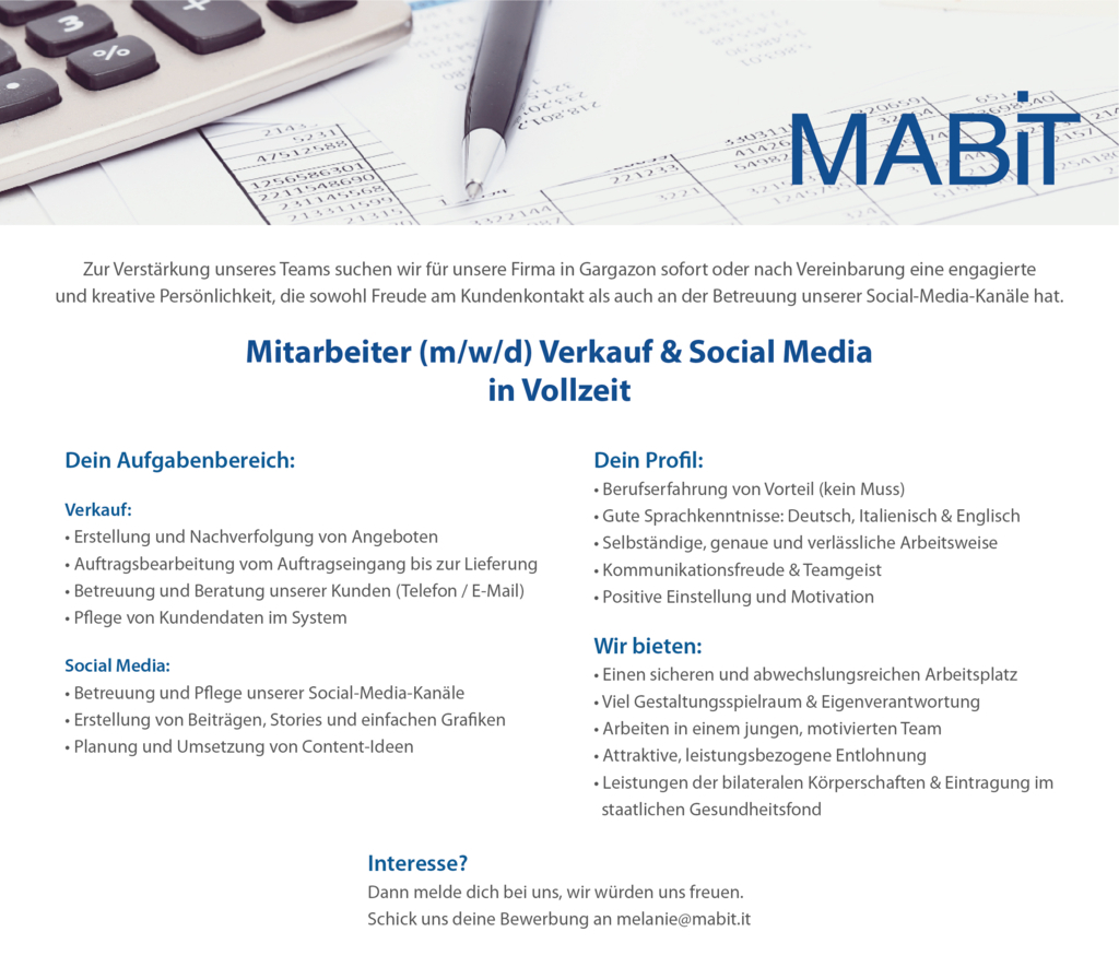 Mitarbeiter (m/w/d) Verkauf & Social Media