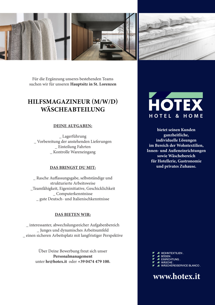 HILFSMAGAZINEUR:IN (M/W/D) - Wäscheabteilung