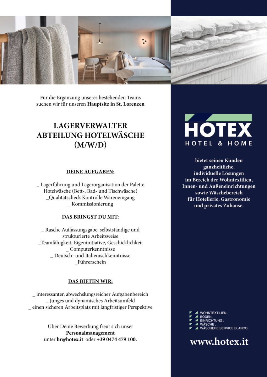 Lagerverwalter/in (m/w/d) Abteilung Hotelwäsche