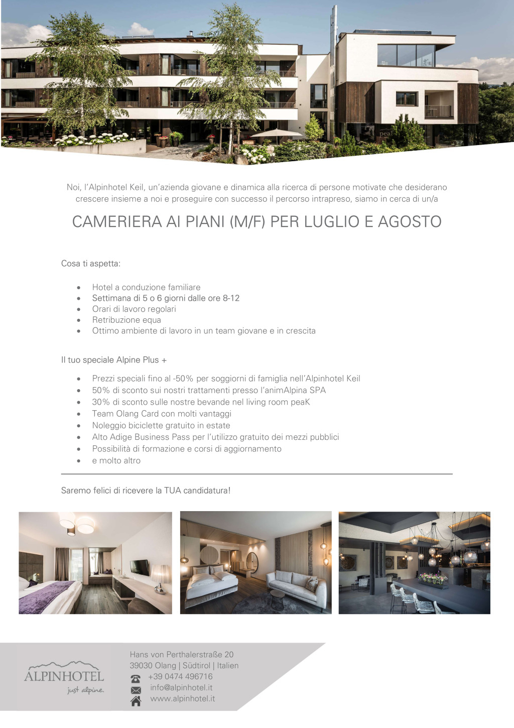 Cameriera ai piani (m/f) per luglio e agosto