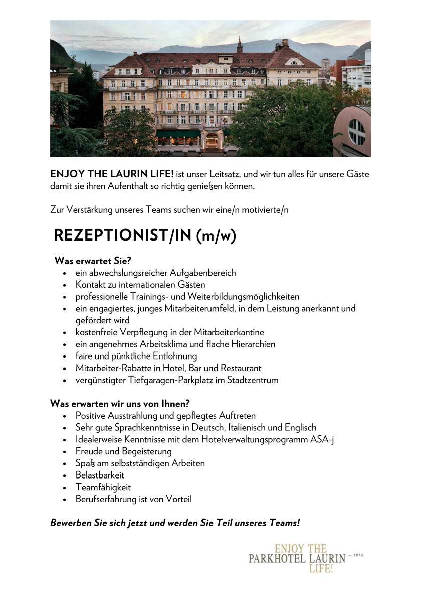 Rezeptionist/in in Jahresstelle (m/w)