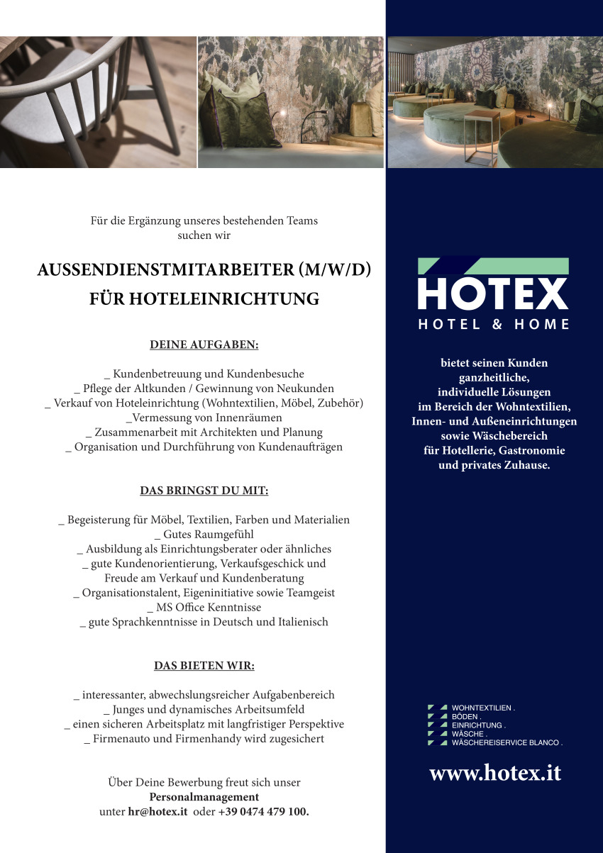 Außendienstmitarbeiter (m/w/d) für Hoteleinrichtung