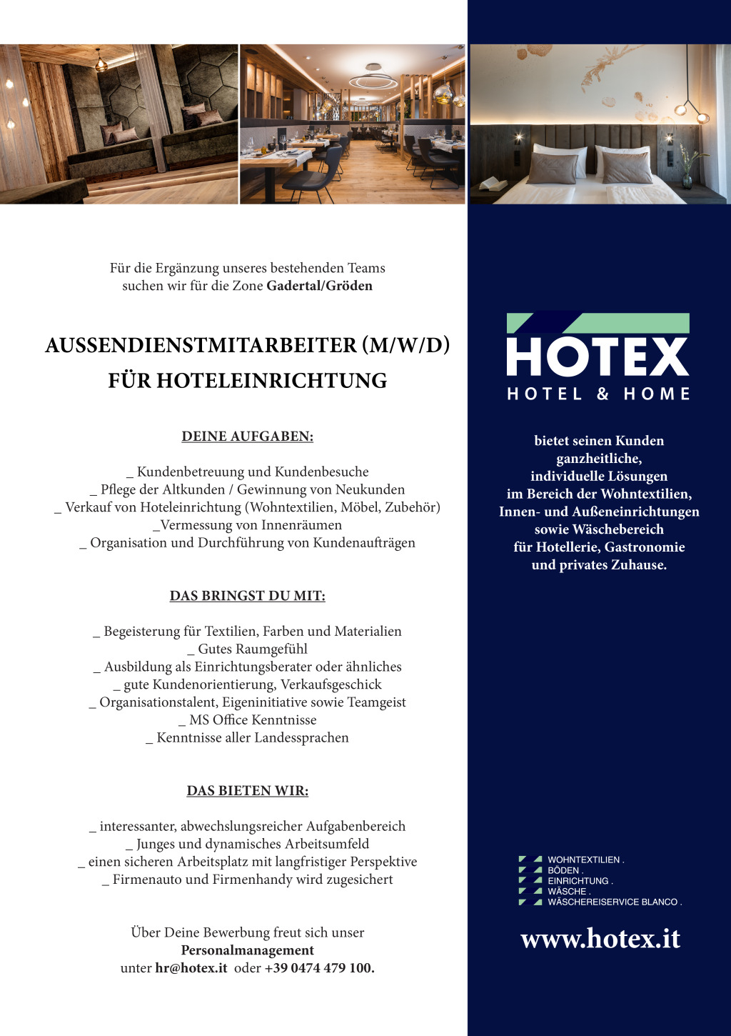Außendienstmitarbeiter (m/w/d) für Hoteleinrichtung