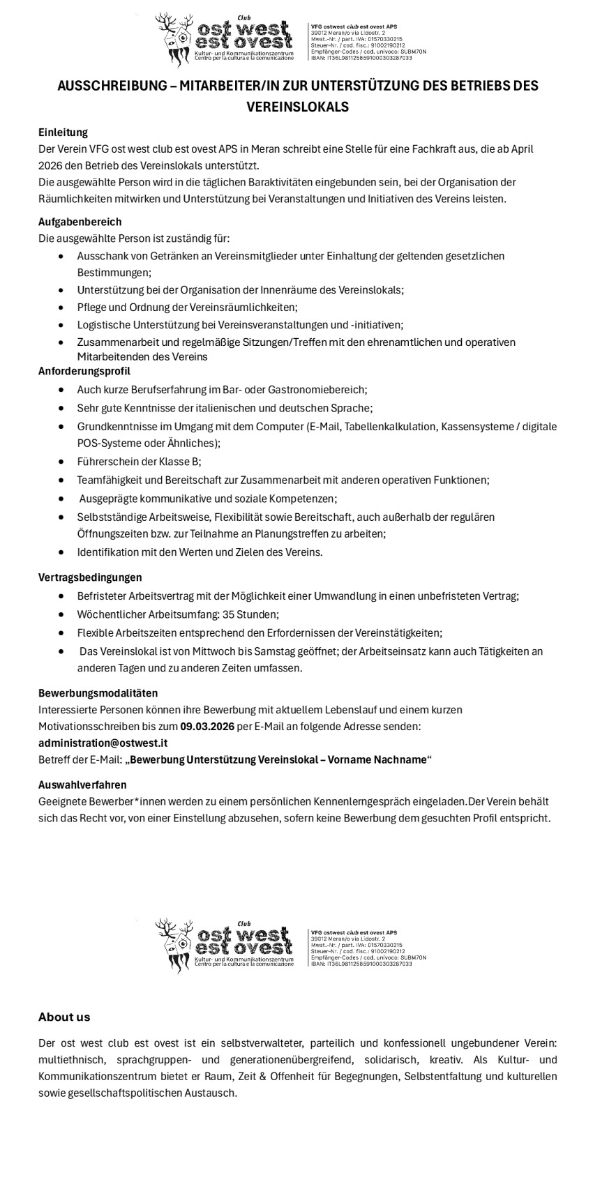 Mitarbeiter/in zur Unterstützung des Betriebs des Vereinslokals