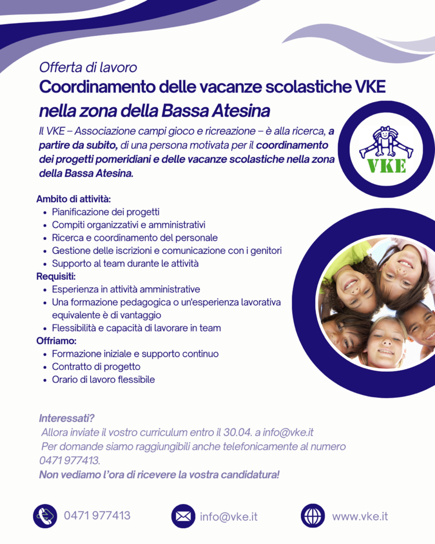 Coordinamento dei progetti VKE durante le vacanze scolastiche – Zona Bassa Atesina