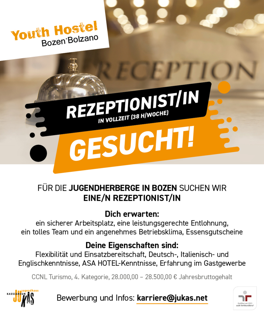 Rezeptionist/in in Vollzeit (38h/Woche)