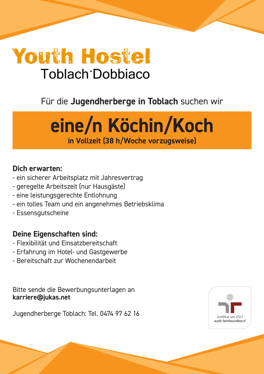 Köchin / Koch Youth Hostel Toblach