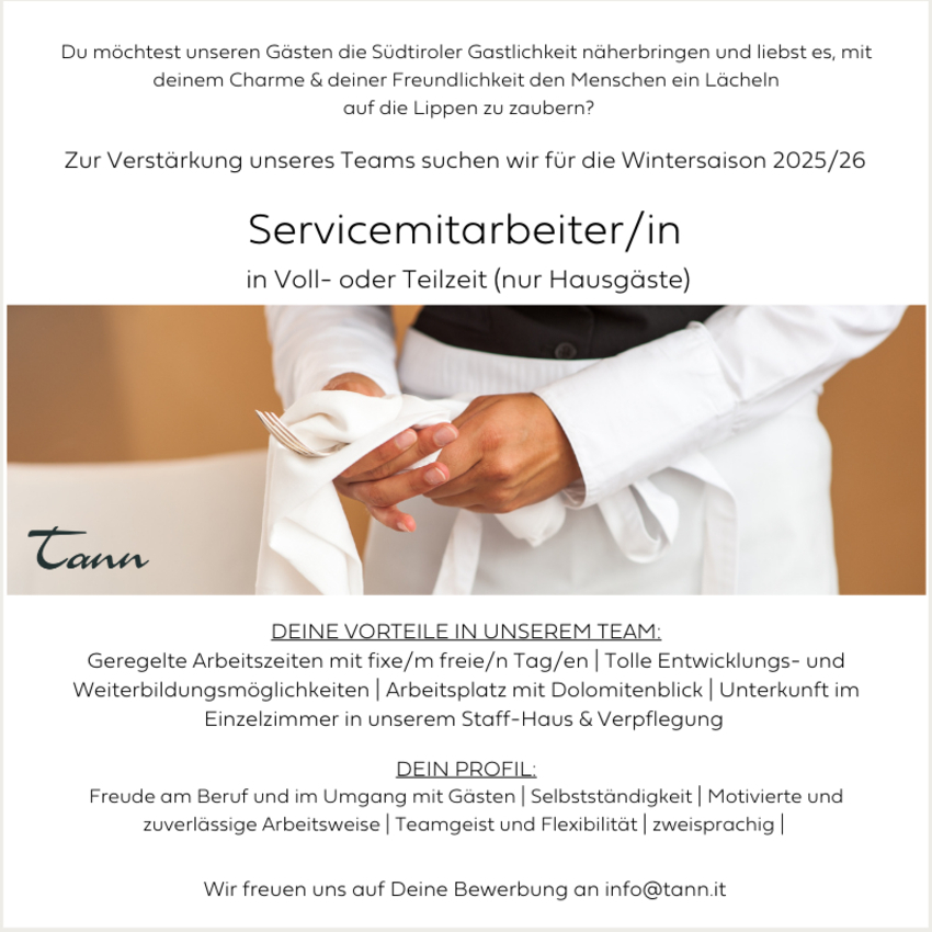 Servicemitarbeiter/in für die Wintersaison 25/26