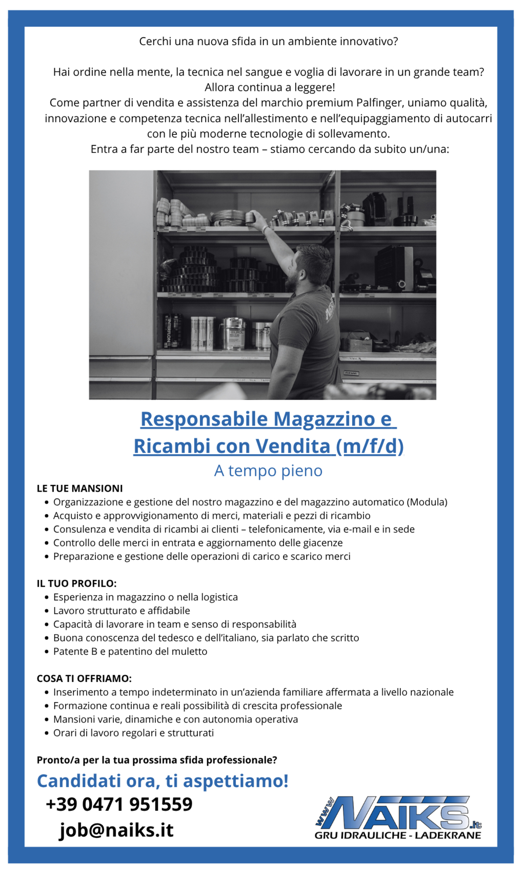 Responsabile Magazzino e Ricambi con Vendita (m/f/d)