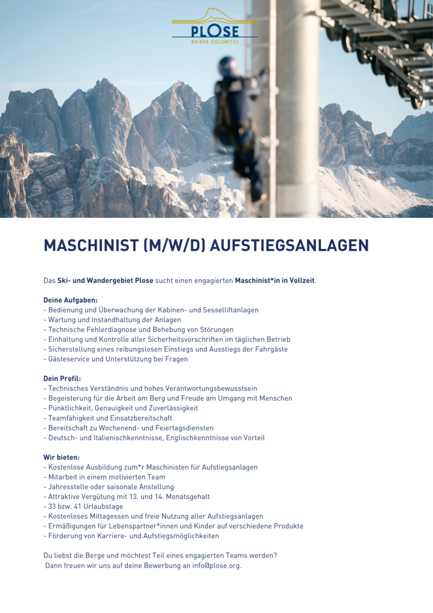 Maschinist (m/w/d) Aufstiegsanlagen
