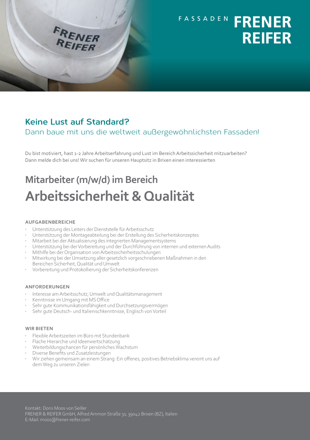 Mitarbeiter (m/w/d) im Bereich Arbeitssicherheit & Qualität
