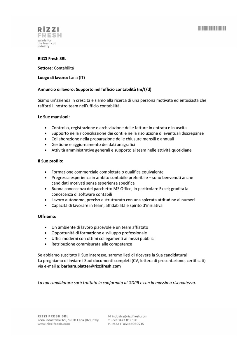 Supporto nell'ufficio contabilità (m/f/d)