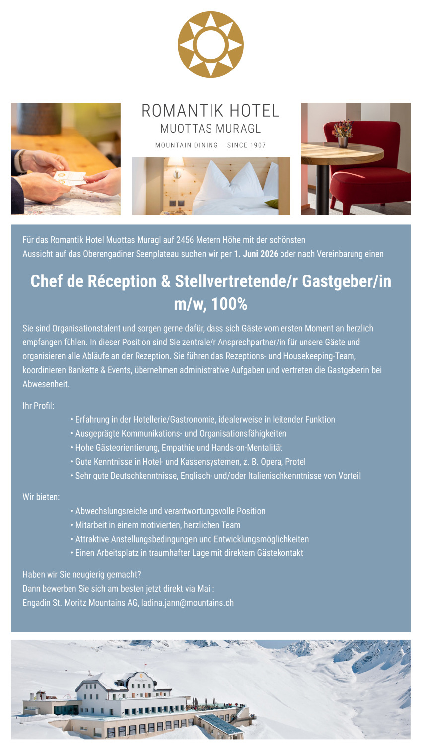 Chef de Réception & Stellvertretende/r Gastgeber/in m/w, 100%