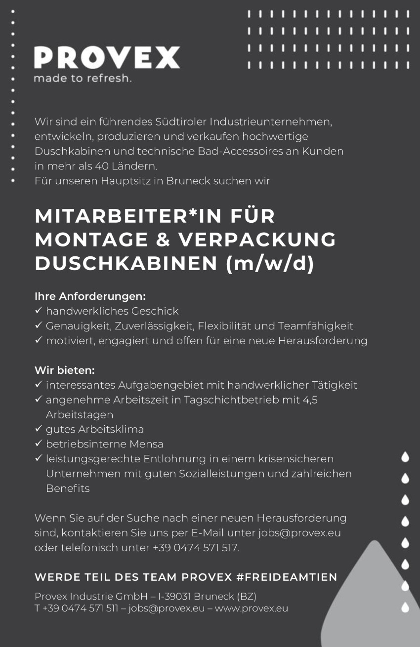 Mitarbeiter*in für Montage & Verpackung Duschkabinen (m/w/d)