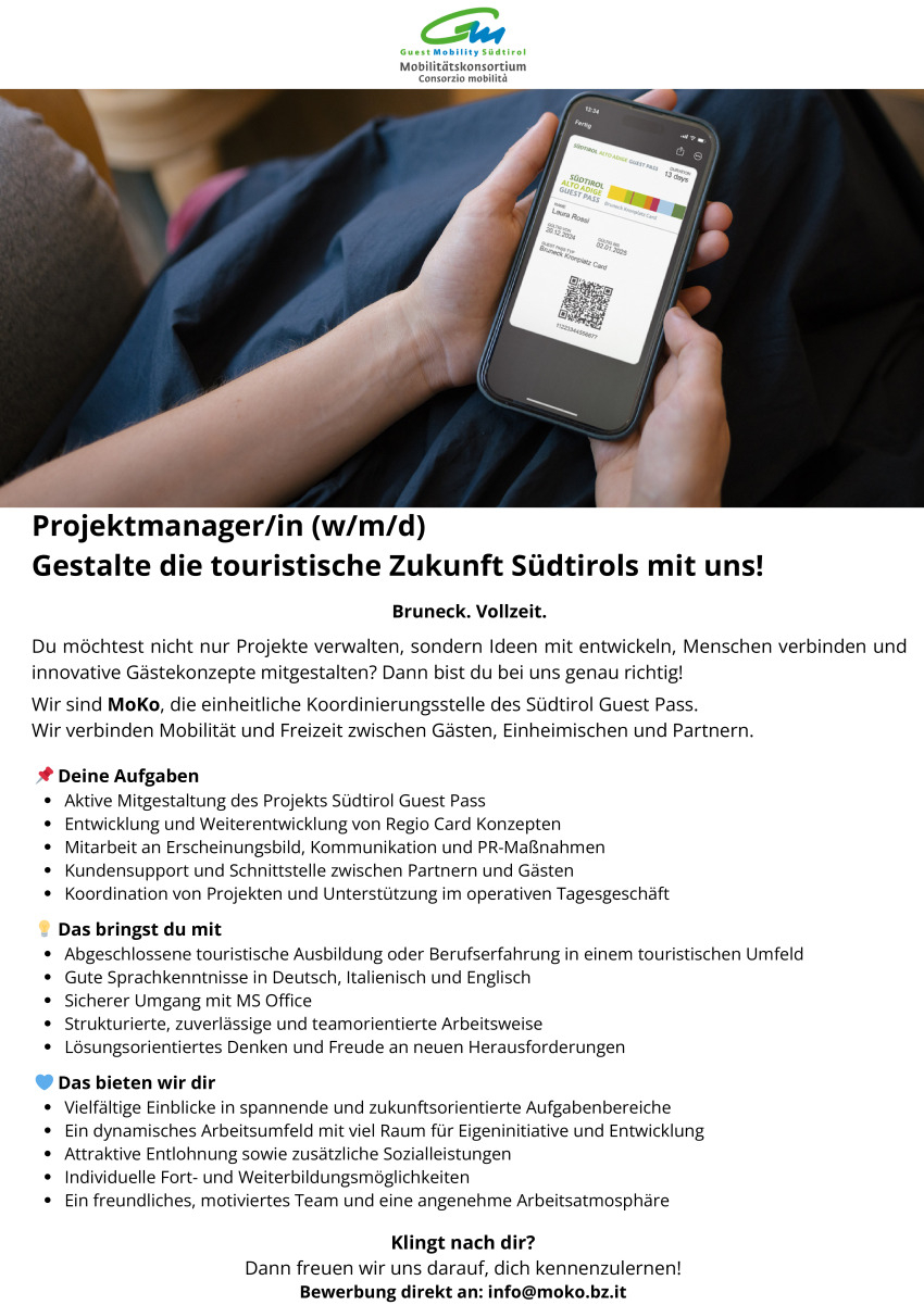 Projektmanager/in (w/m/d) Gestalte die touristische Zukunft Südtirols mit uns!