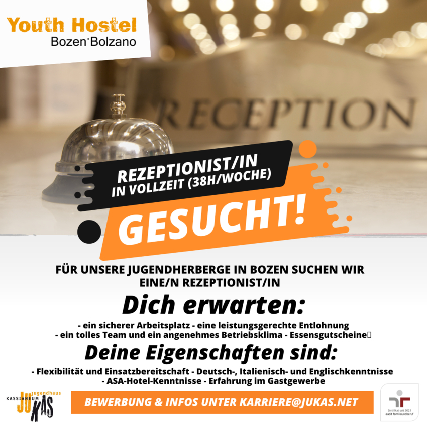 Rezeptionist/in in Vollzeit (38h/Woche)