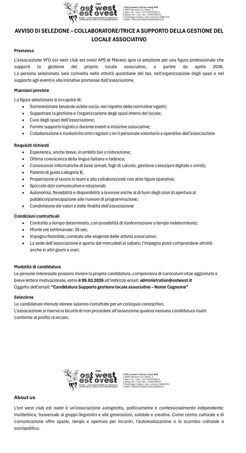 Collaboratore/trice a supporto della gestione del locale associativo