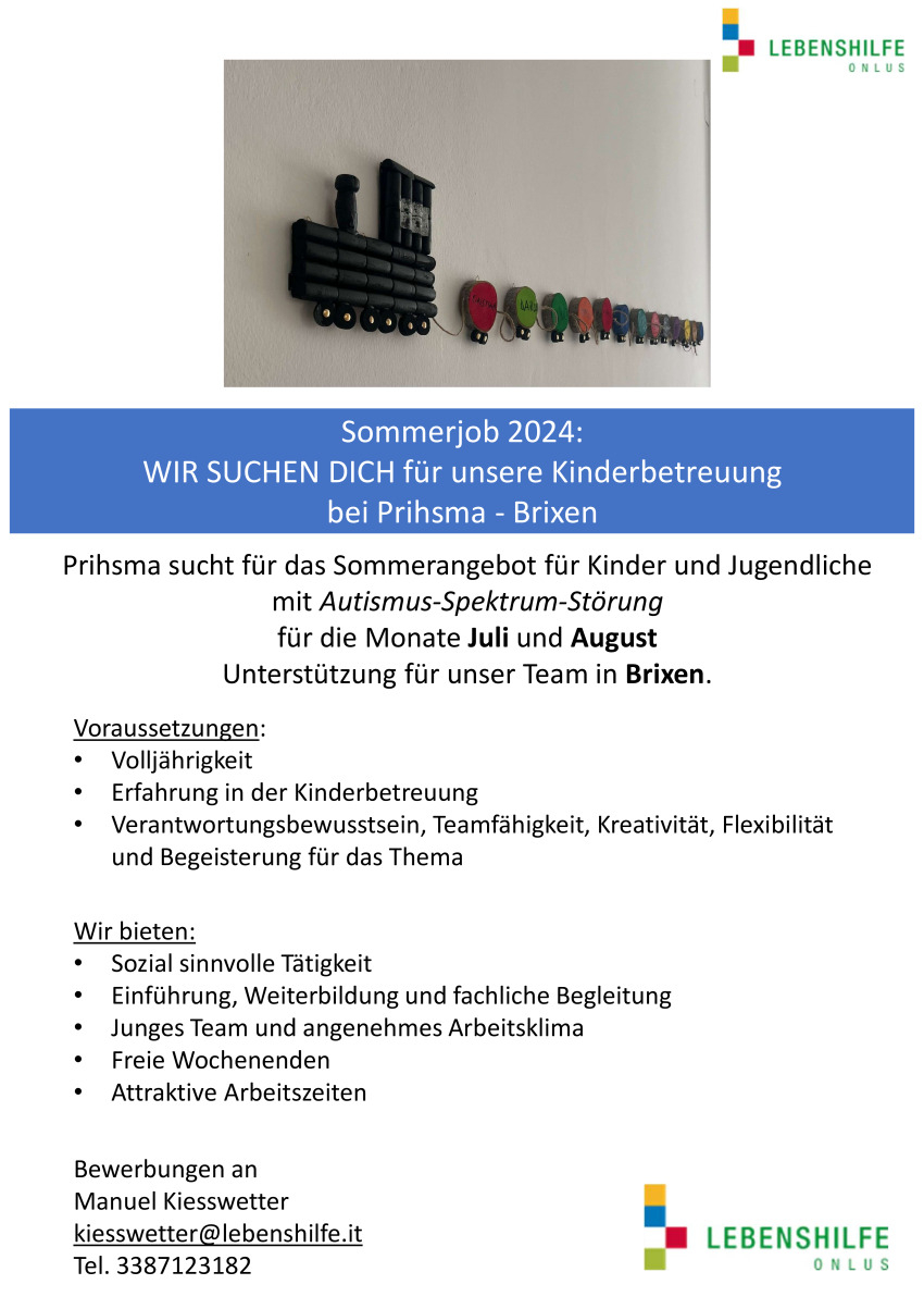 Sommerjob 2024: Kinderbetreuung bei Prihsma Brixen (m/w/d) sozialpädagogische Förderstätte für Kinder und Jugendliche mit Autismus-Spektrum-Störungen