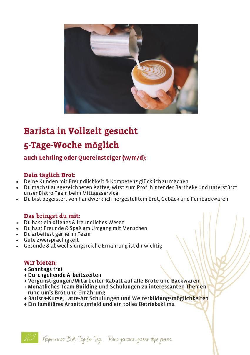 Barista in Vollzeit gesucht (m/w/d) - 5-Tage-Woche möglich