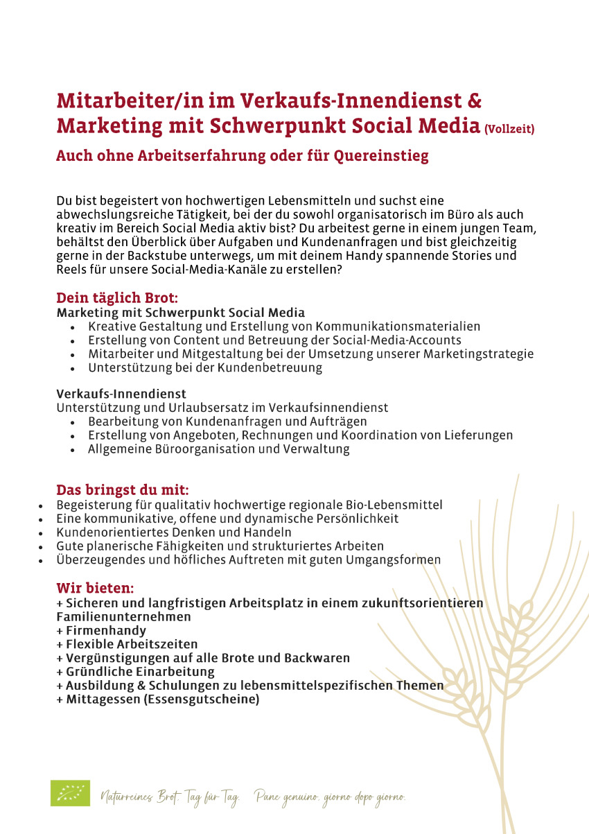 Mitarbeiter/in im Verkaufsinnendienst & Marketing mit Schwerpunkt Social Media
