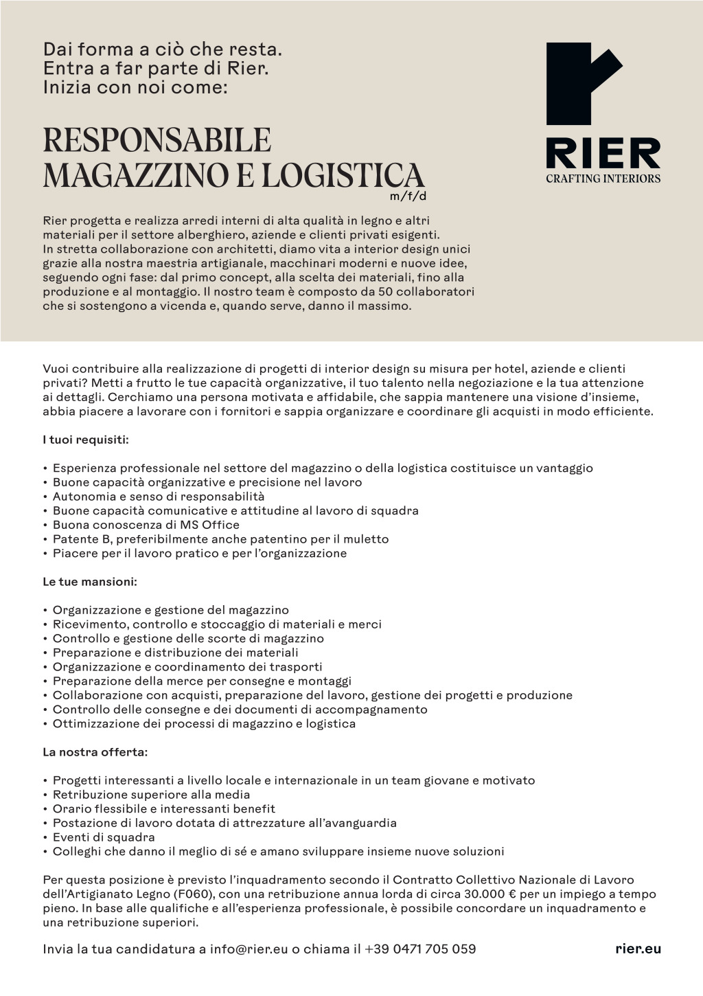 Responsabile magazzino e logistica (m/f/d)