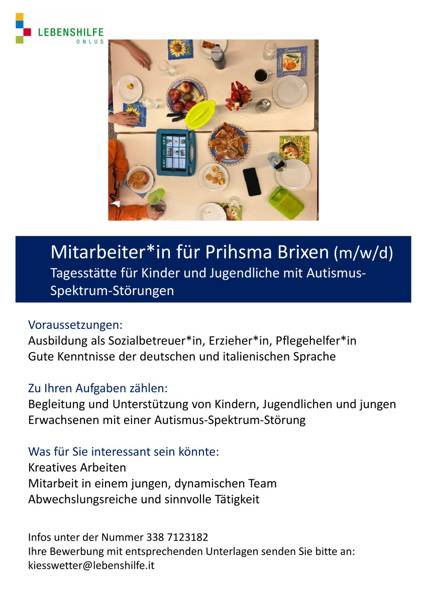 Mitarbeiter*in für Prihsma Brixen (m/w/d) Tagesstätte für Kinder und Jugendliche mit Autismus-Spektrum-Störungen 