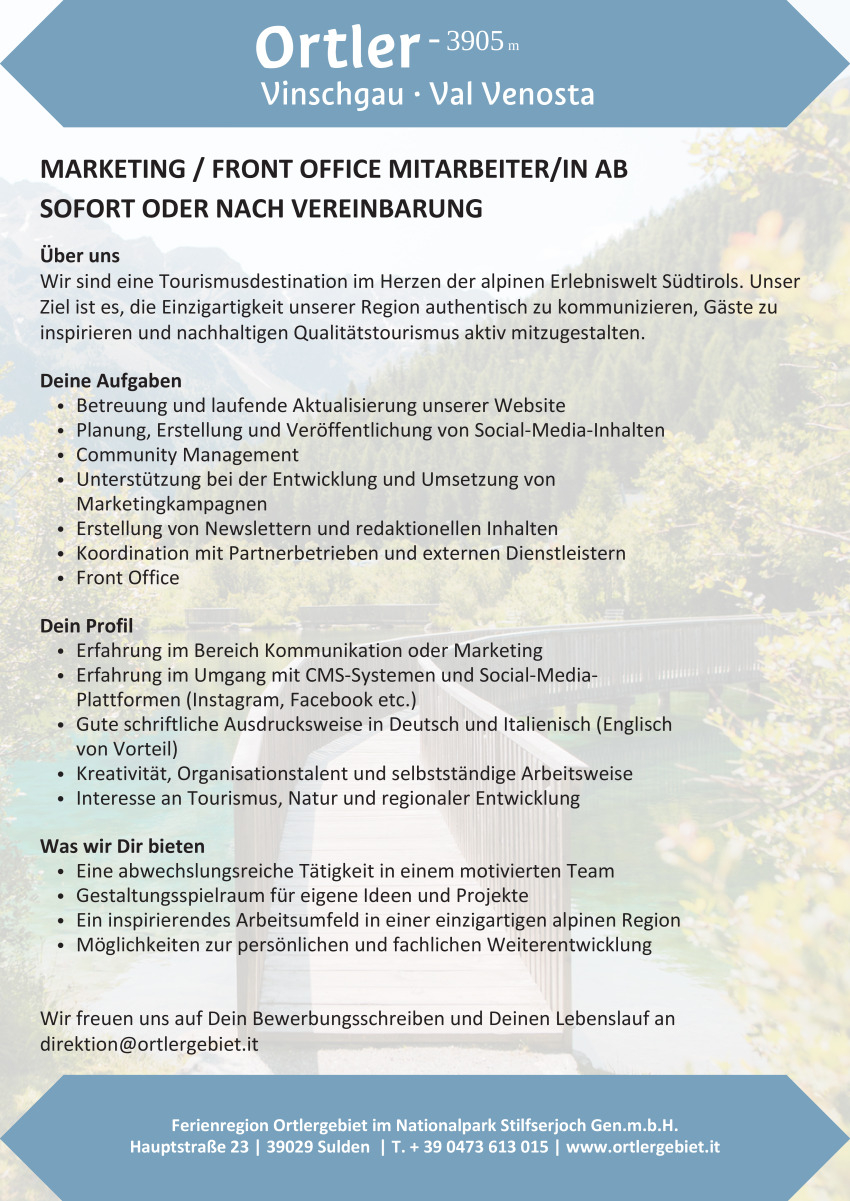 Marketing / Front Office Mitarbeiter/in (m/w/d)
