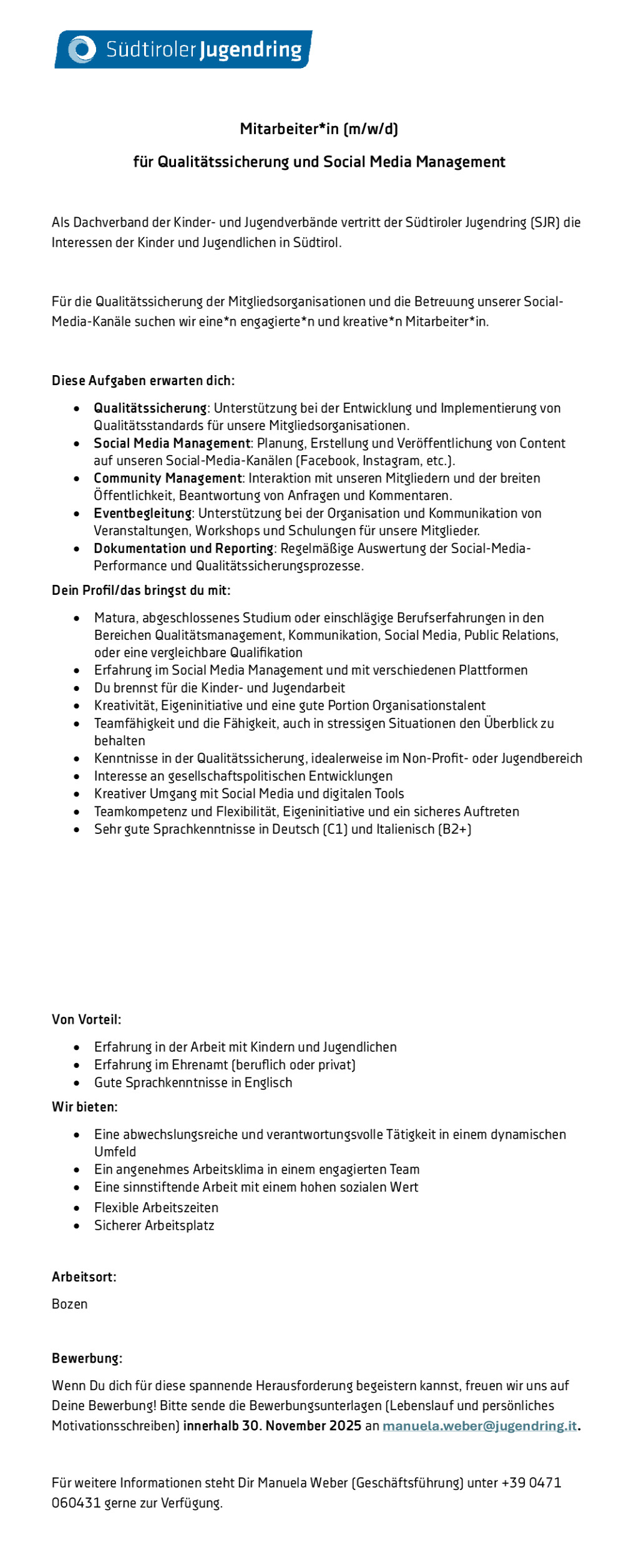 Mitarbeiter*in (m/w/d) für Qualitätssicherung und Social Media Management