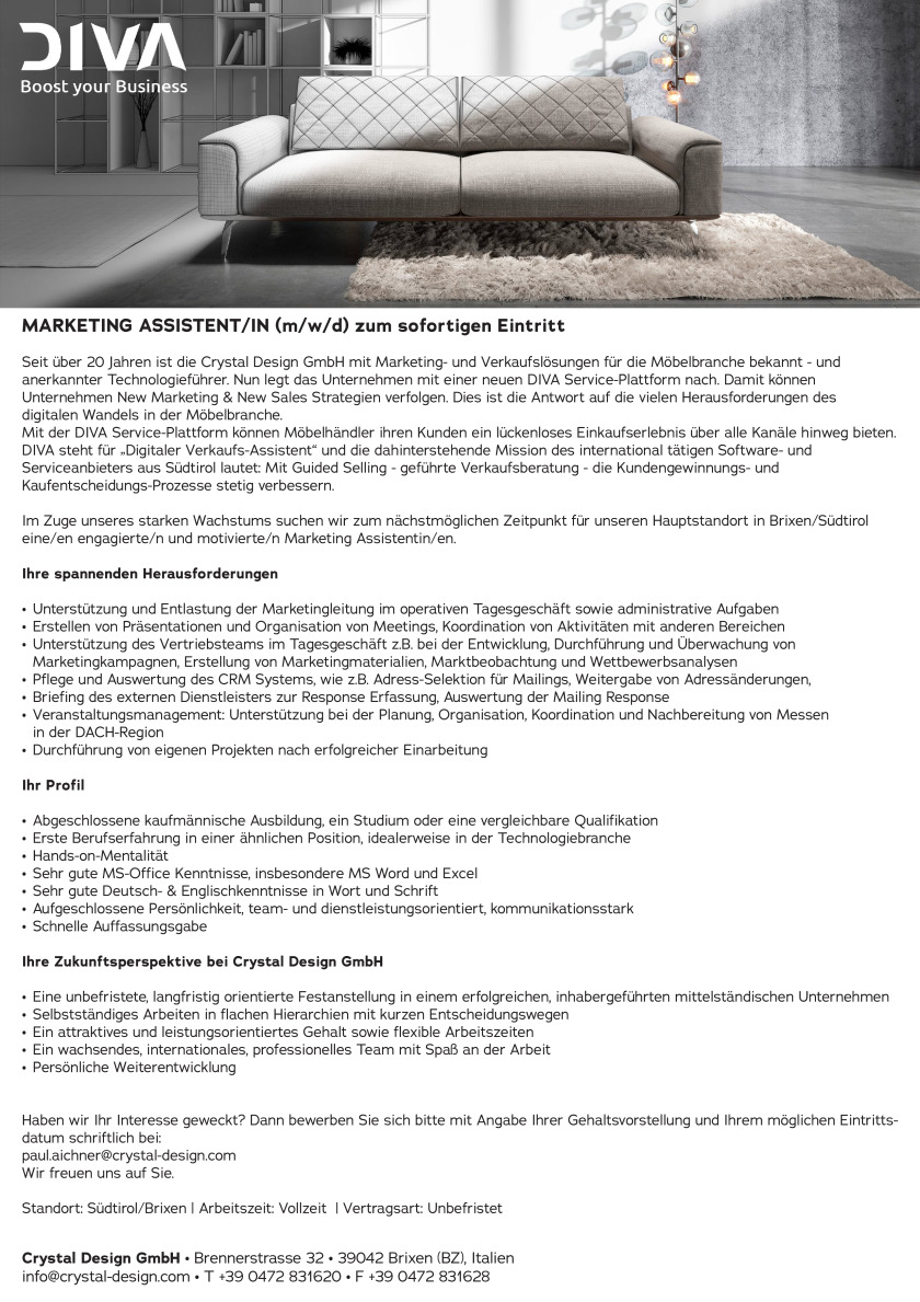 Marketing Assistent/in (m/w/d) zum sofortigen Eintritt