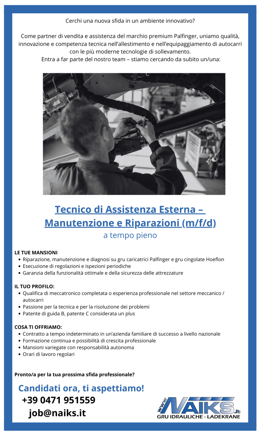 Tecnico di Assistenza Esterna –  Manutenzione e Riparazioni (m/f/d)