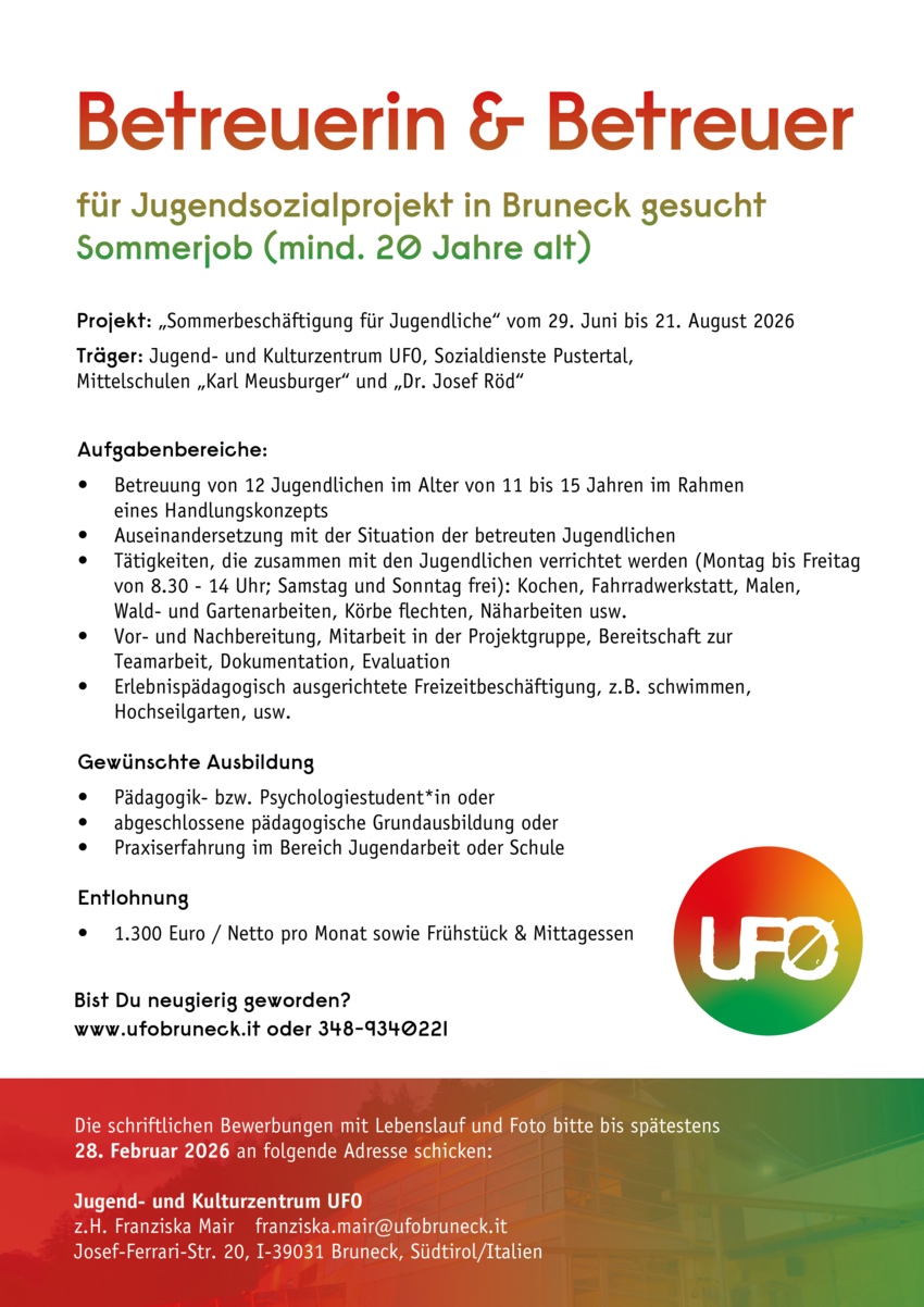 Betreuerin & Betreuer für Jugendsozialprojekt in Bruneck gesucht - Sommerjob