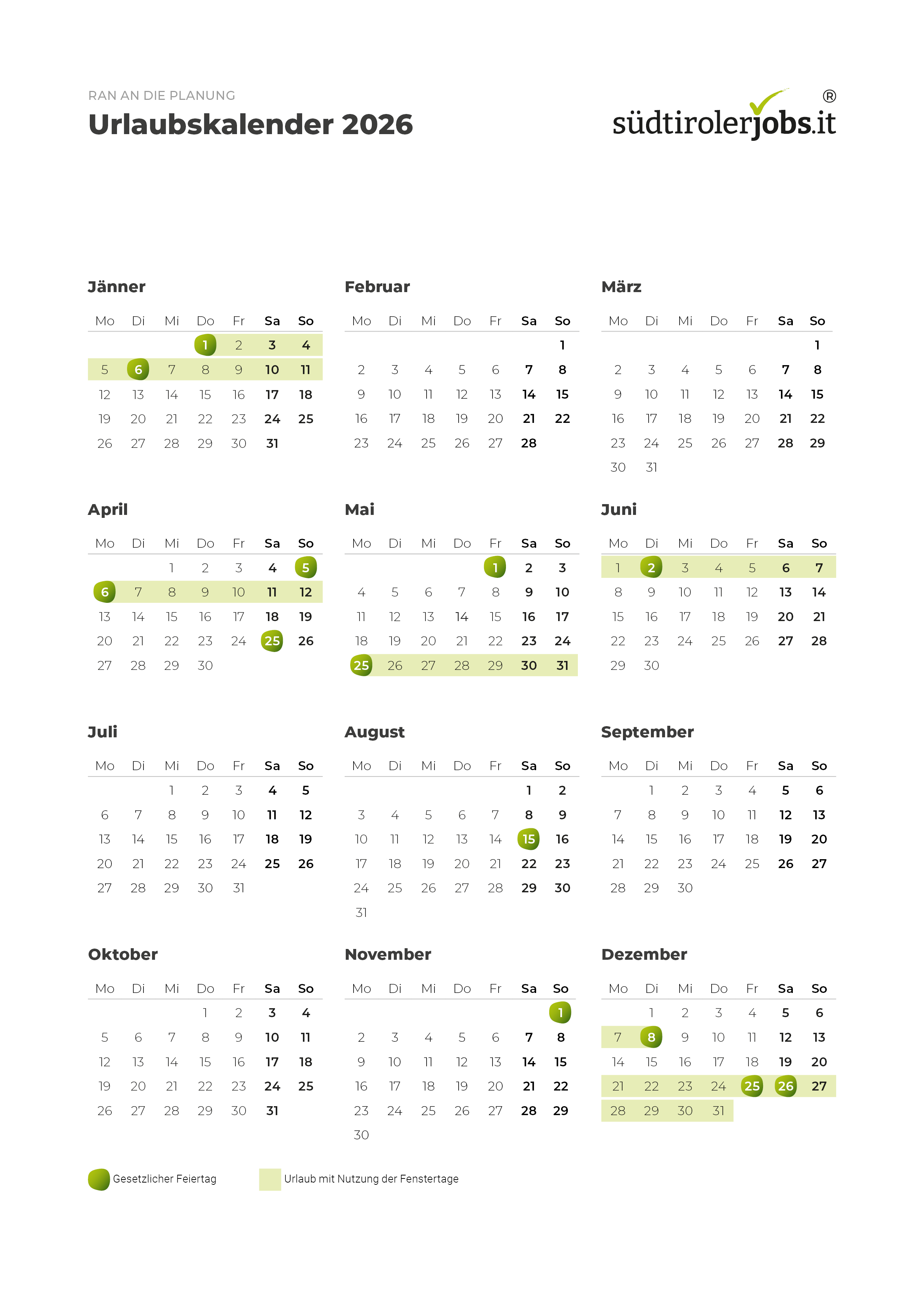 Urlaubskalender Fenstertage 2026